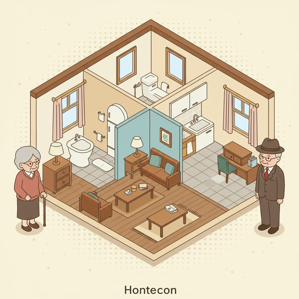 Cutaway illustration of a furnished home with an older couple standing outside.