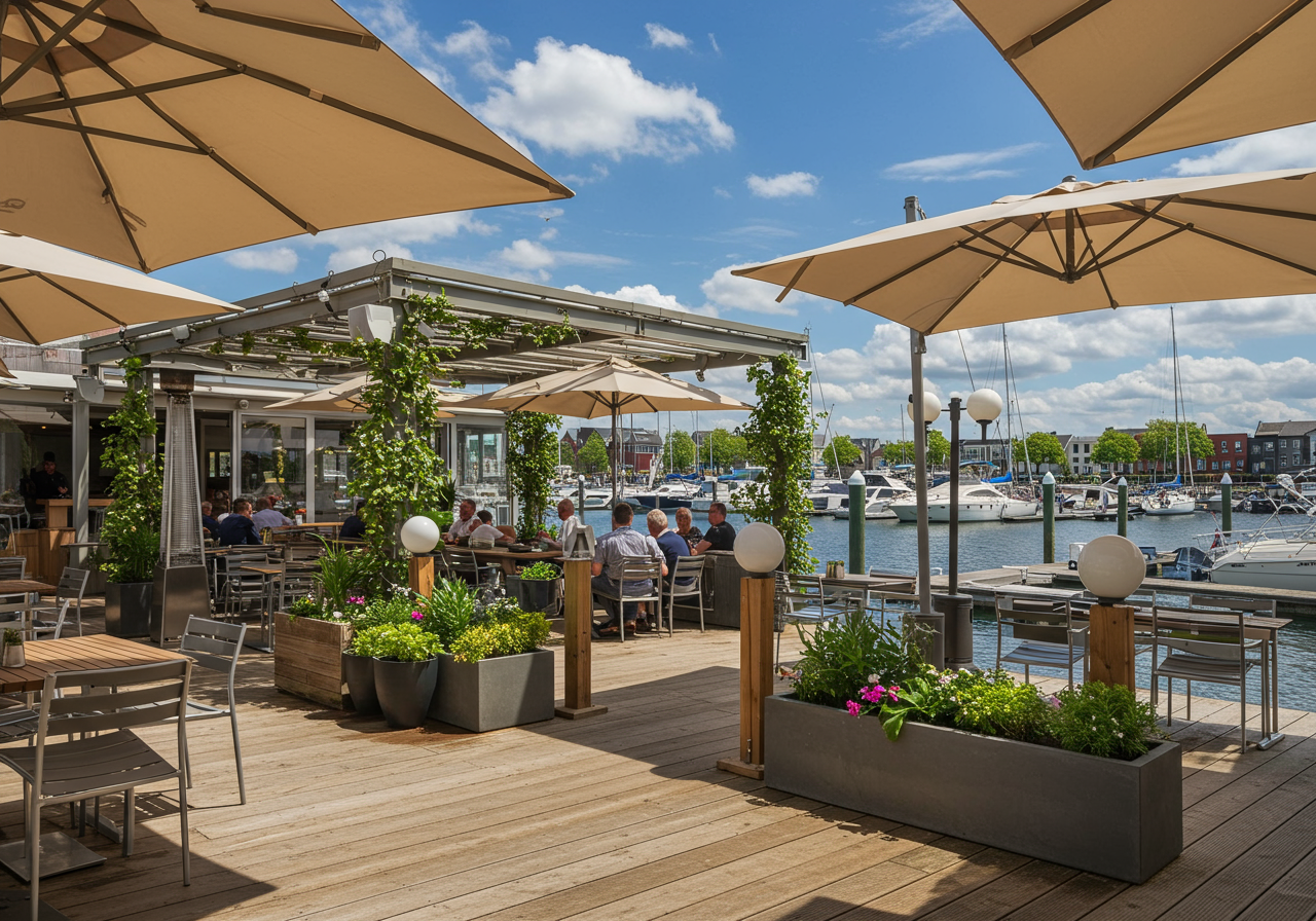 Outdoor patio dining area by the water with views of boats and Newport Beach skyline.