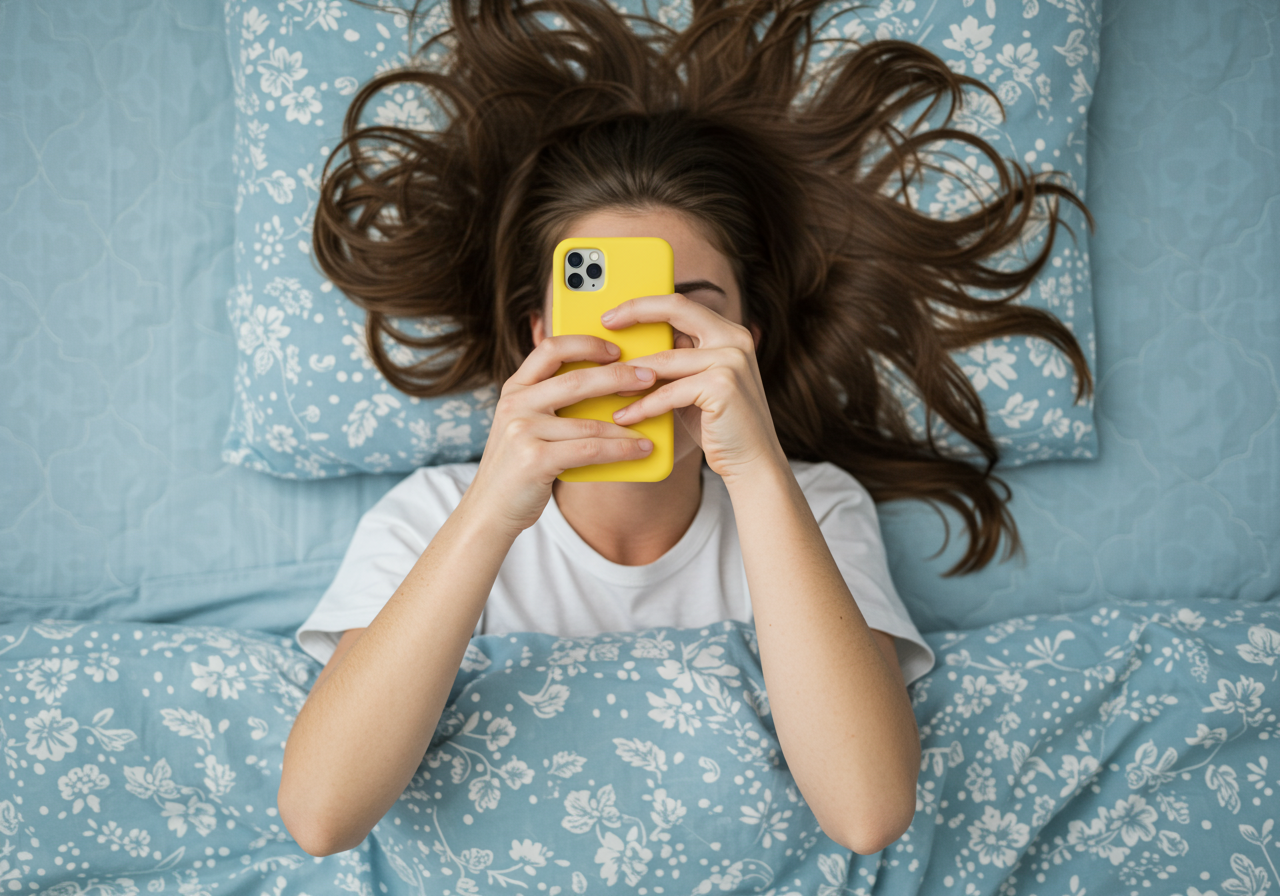 Sleepy young woman with flowing hair using phone on bed, close face palm. Top view