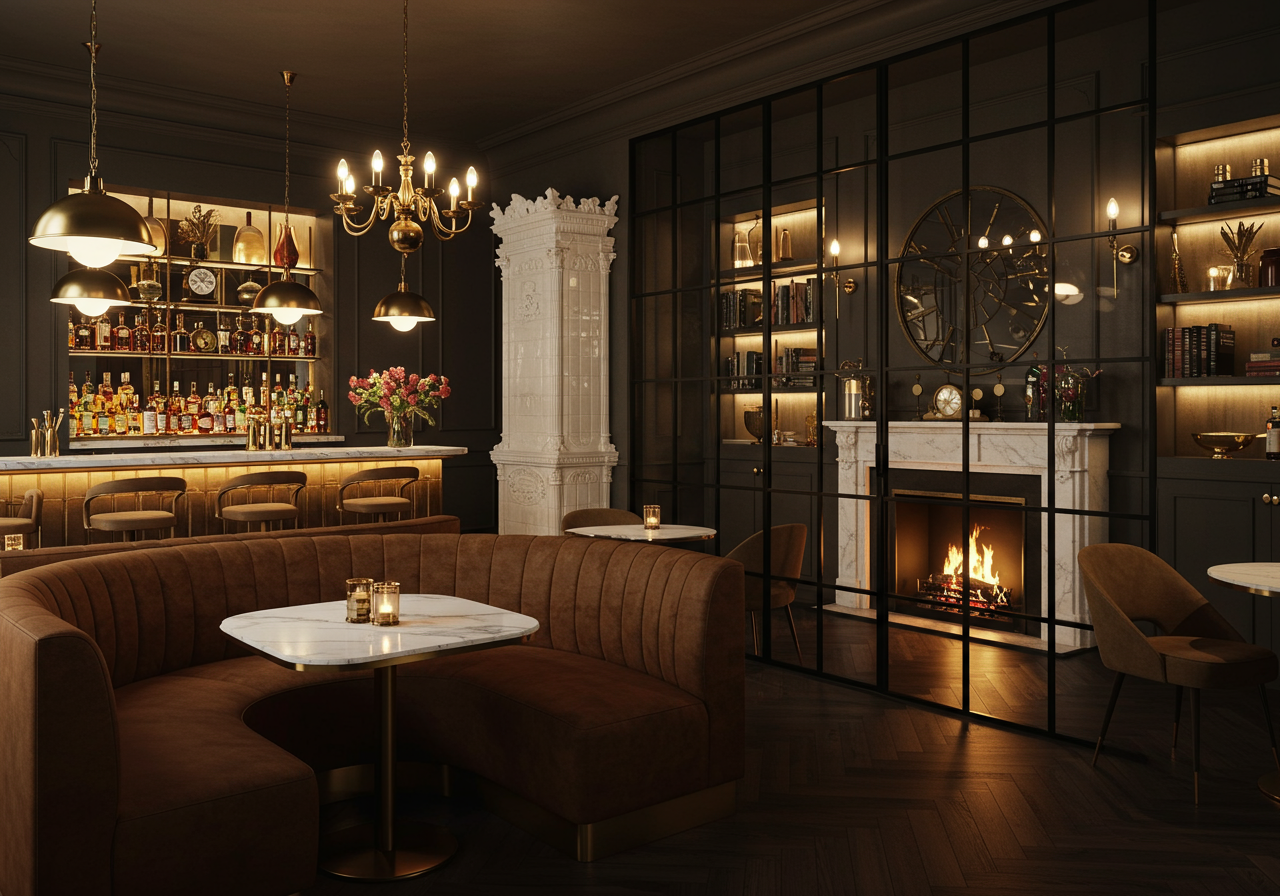 The sophisticated space features a lounge with a fireplace.