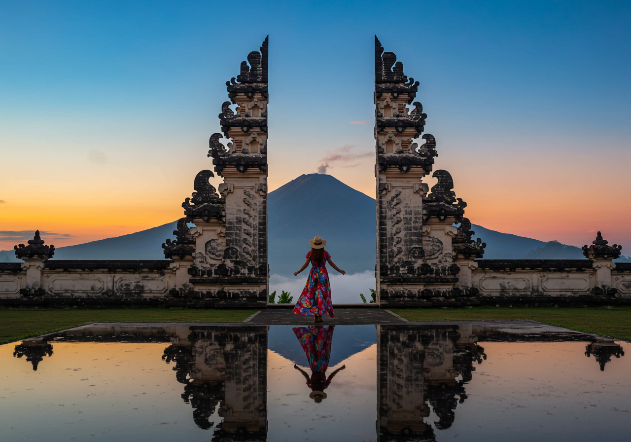 Young woman standing in temple gates at Lempuyang Luhur temple in Bali, Indonesia.
