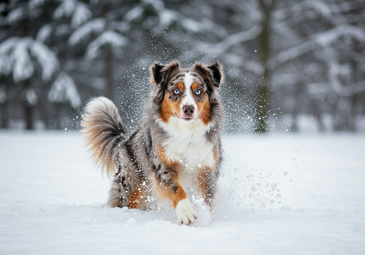 A happy dog running in fresh snow.