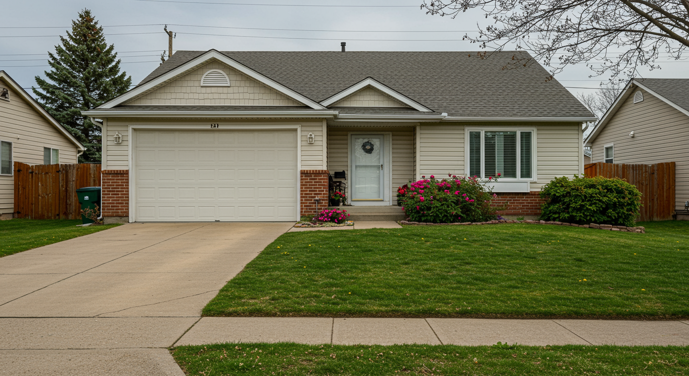 a house with a well-maintained lawn and flower garden.