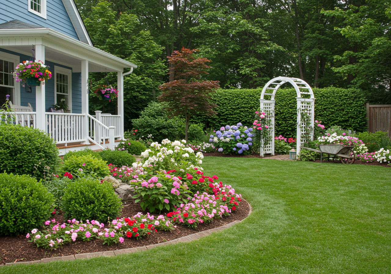 A colorfully landscaped front yard on a sunny day.