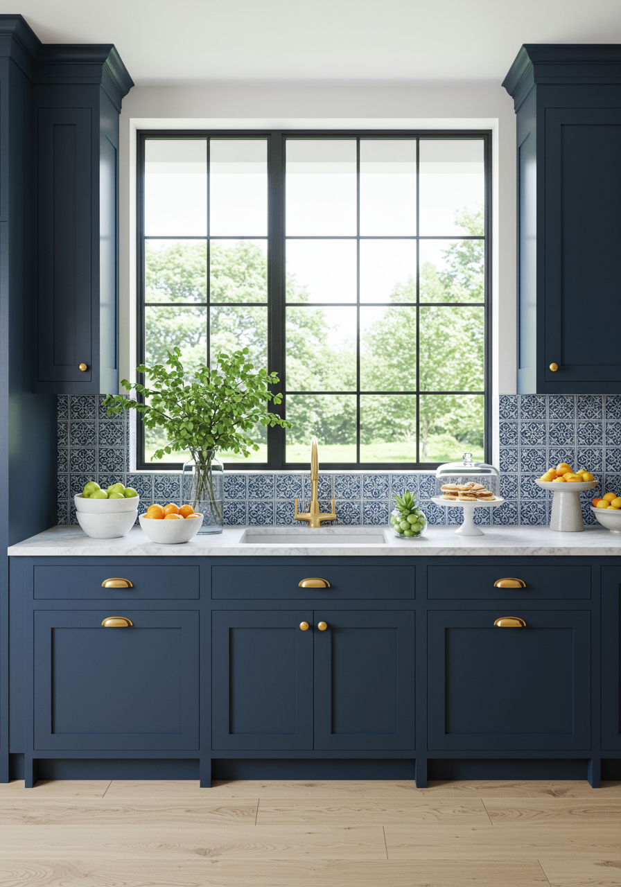kitchen backsplash, blue and white tile backsplash, ceramic tiles, navy blue cabinets, white countertop