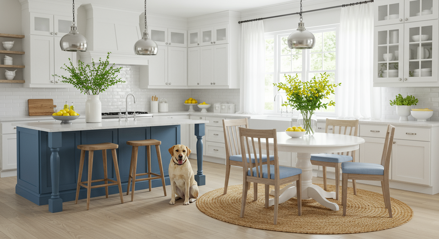 Eat-In Kitchen, Round Table, Four Chairs, Blue Island, White Cabinets