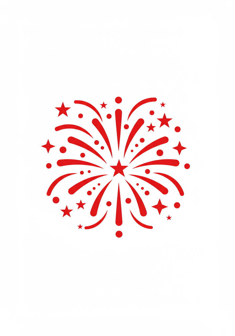 Red fireworks burst in a star-shaped pattern.