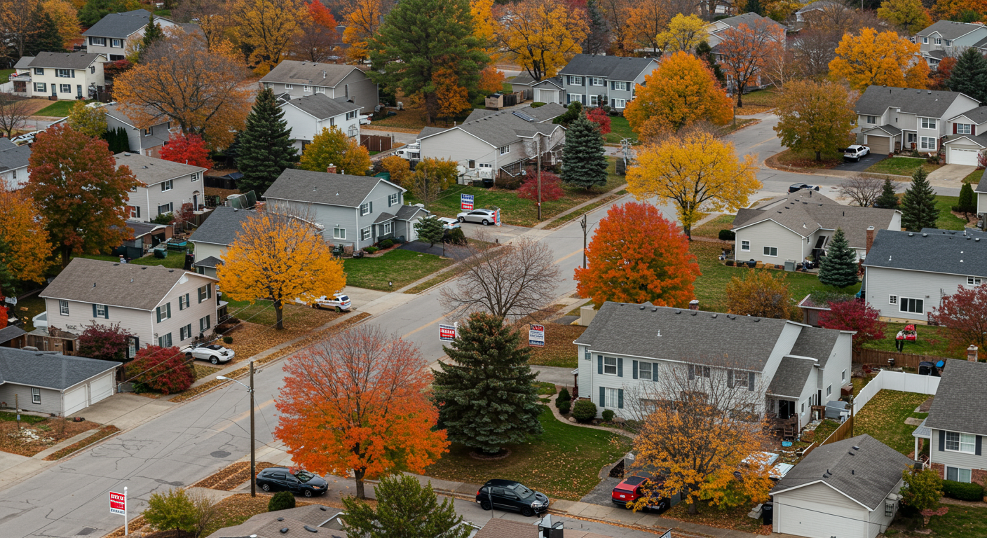 Aerial neighborhood view with detached homes and vivid autumn trees.