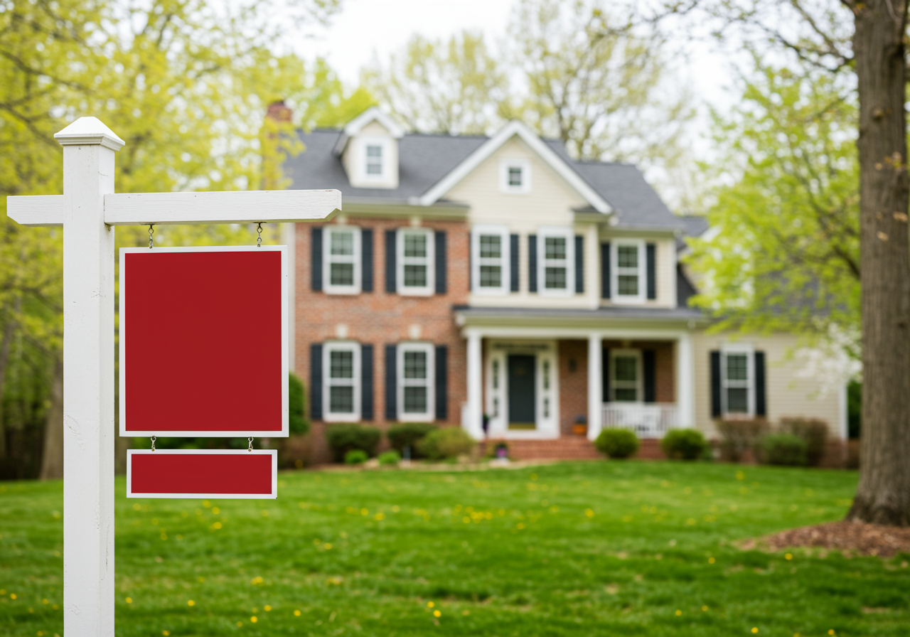 For Sale sign in front of a suburban home.