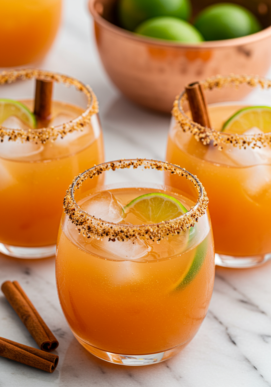 pumpkin margaritas garnished with cinnamon stick and lime wheel