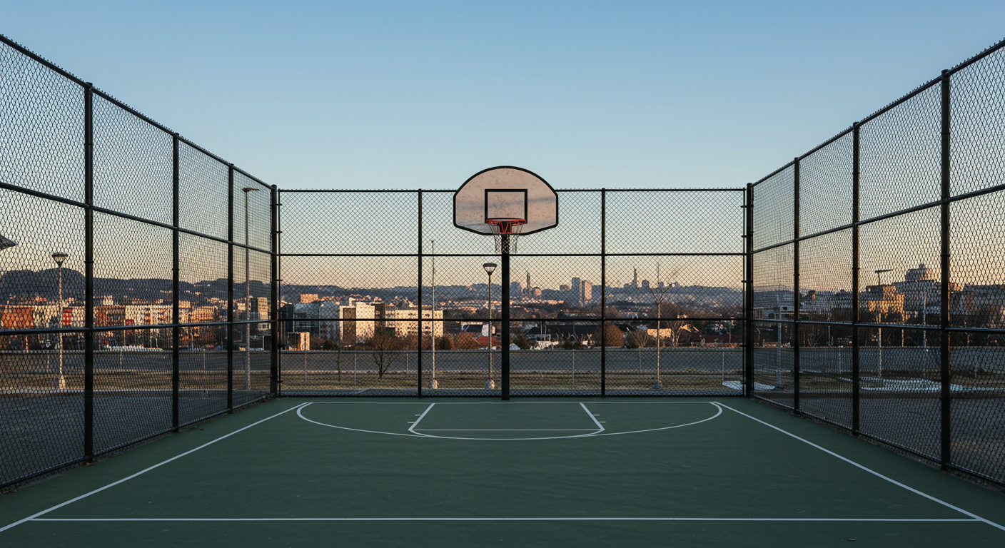 An outdoor basketball court at Alice Marble Tennis Courts in Russian Hill. The court is enclosed by a high chain-link fence. Beyond the court, there&rsquo;s a stunning view of San Francisco&rsquo;s cityscape, bathed in sunlight, with the Golden Gate Bridge visible in the distance under a clear sky.