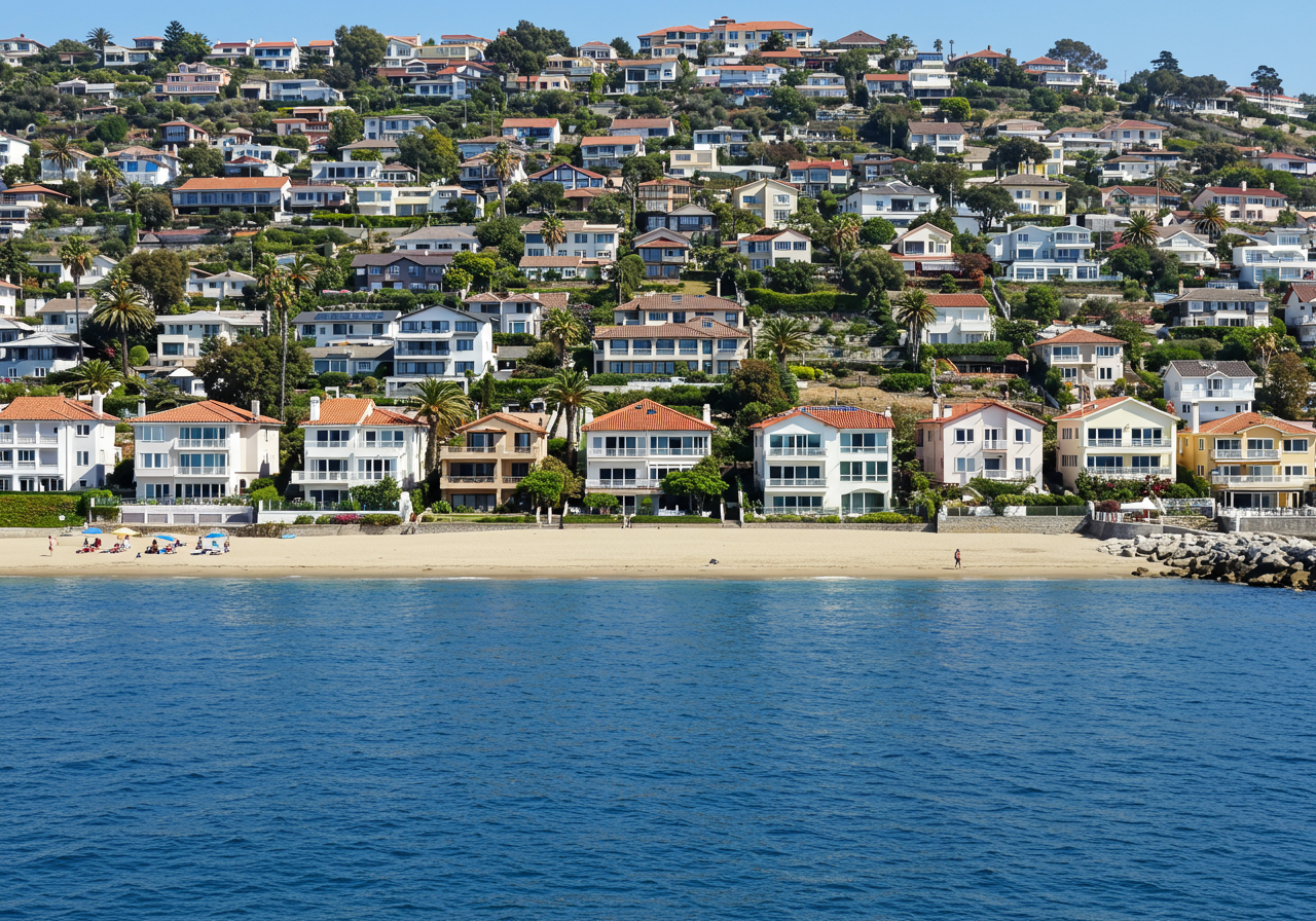 Laguna Beach shoreline with beachfront homes on a hillside overlooking the ocean.