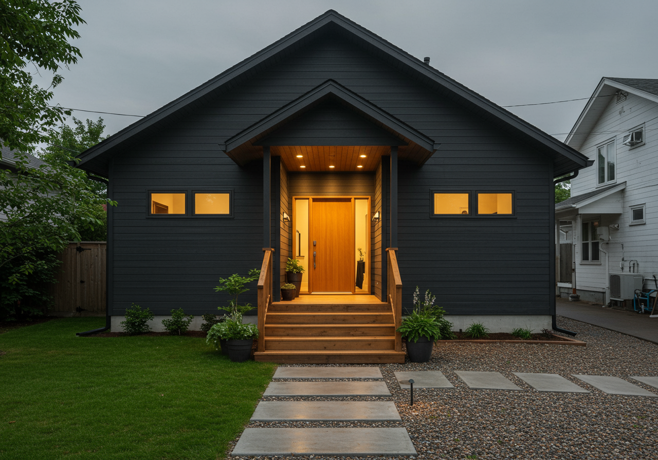 Shed, an architecture firm in Seattle, used contrasting stairs and doors to set off the entrance to a house there. Layered lighting, planters and modern house numbers create a welcoming vibe.&nbsp;