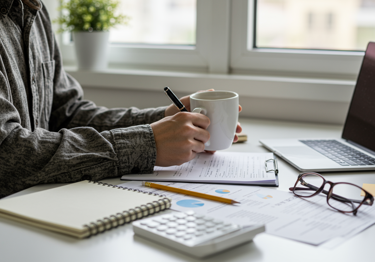 A young man drinks coffee while doing his taxes at home.