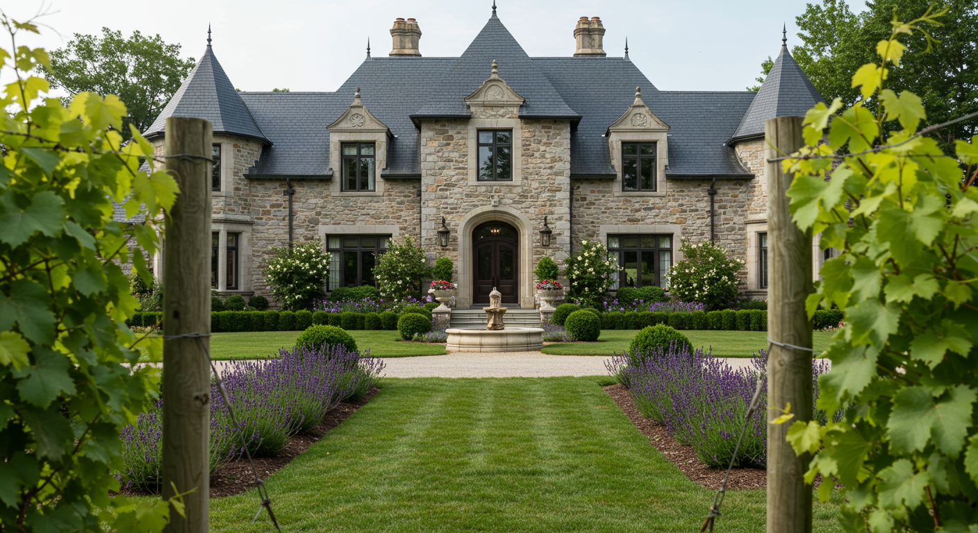 Stone mansion with slate roof, landscaped lawn, lavender beds, and a central fountain.