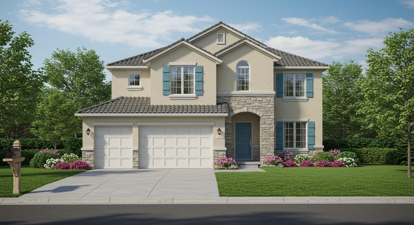 Two-story suburban house with stone and stucco facade, well-manicured lawn, and driveway leading to a two-car garage.
