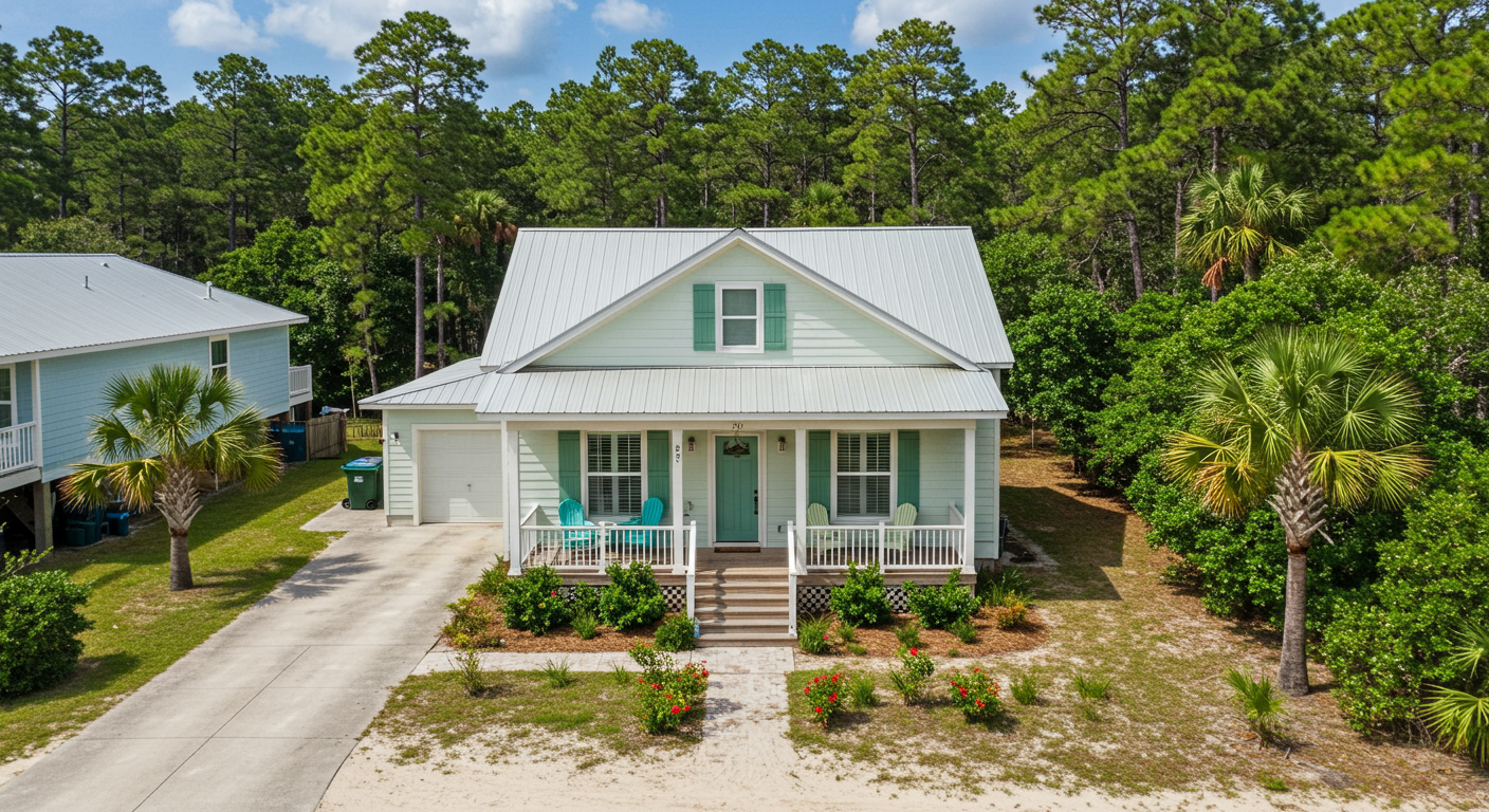 Mint-green home with a white metal roof, covered porch, turquoise chairs, and a driveway among pines and palms.