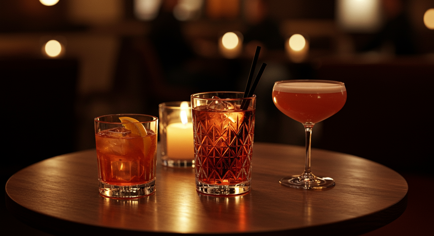 A dimly-lit photo of three cocktails on a table. The center cocktail is glowing.