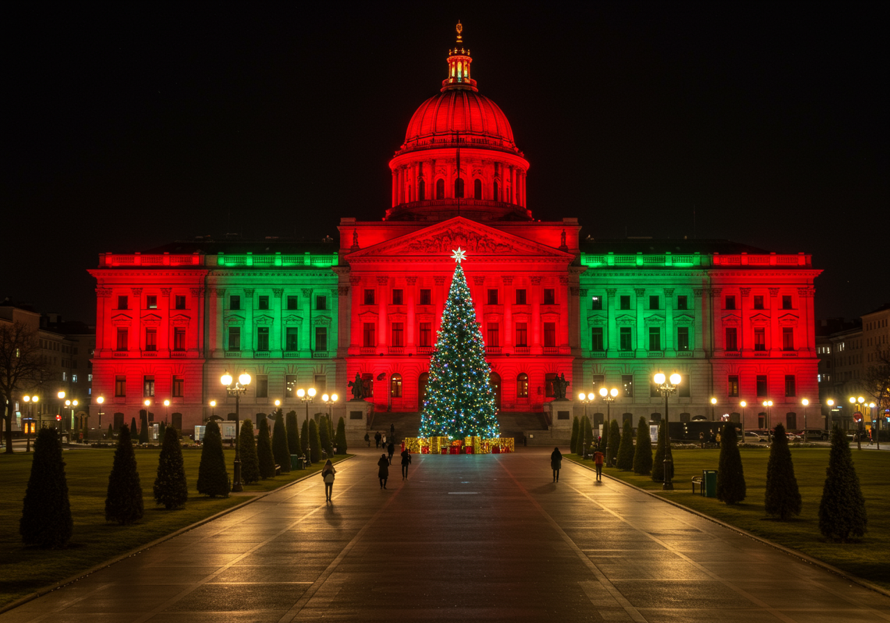 San Francisco Civic Center lit up in red and green with a gold Christmas tree display.