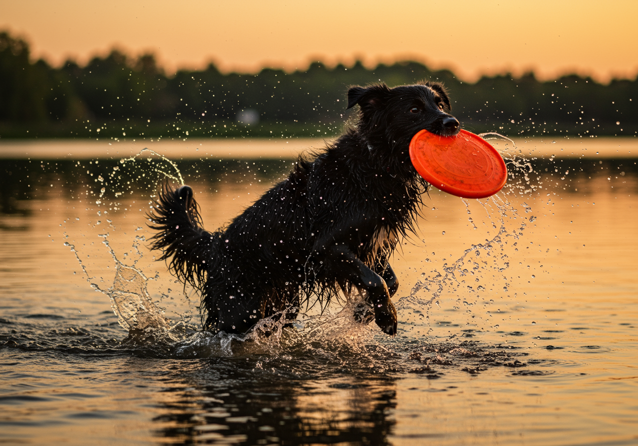 A black dog catching a frisbee above water