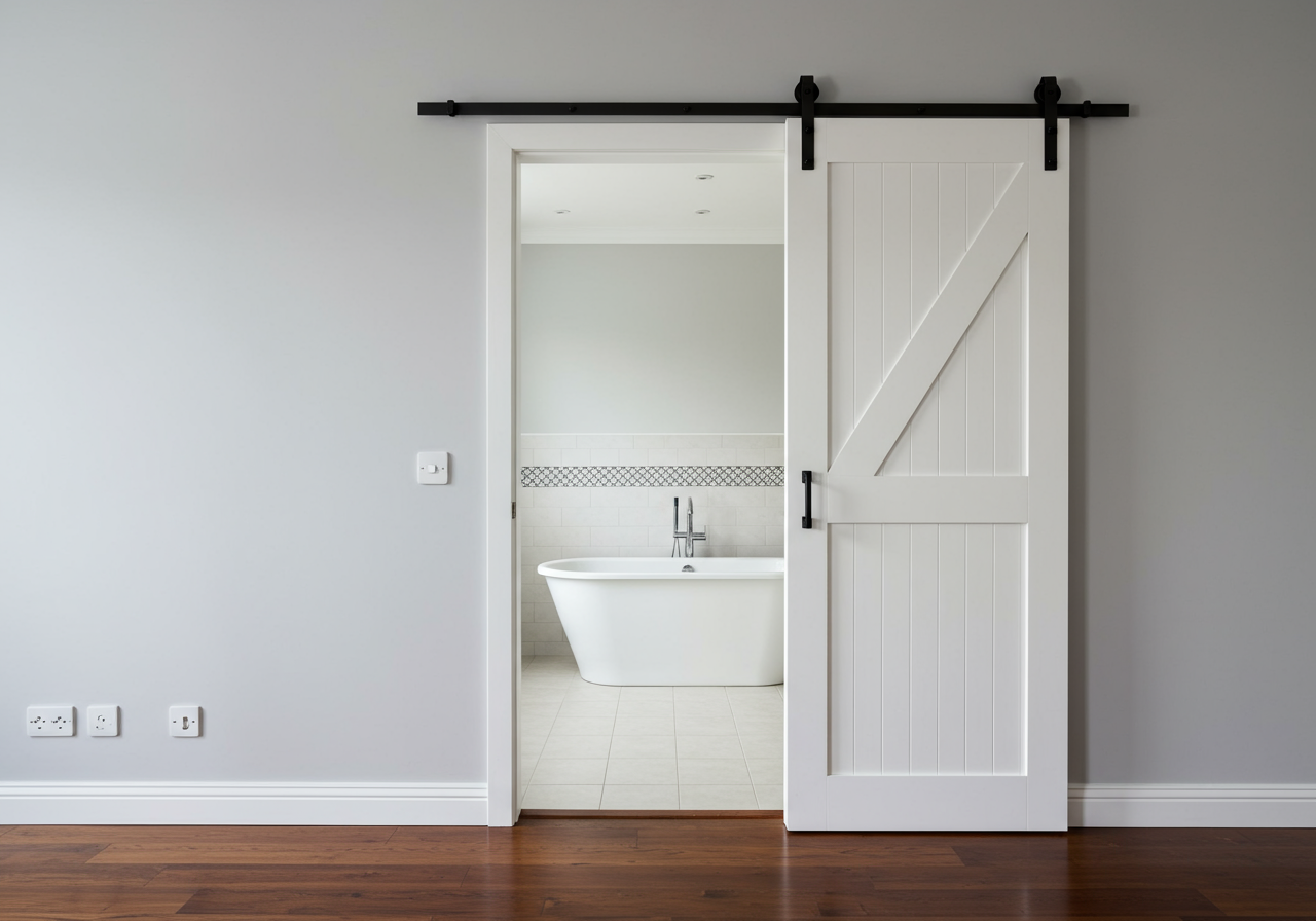 Sliding barn door on a bathroom