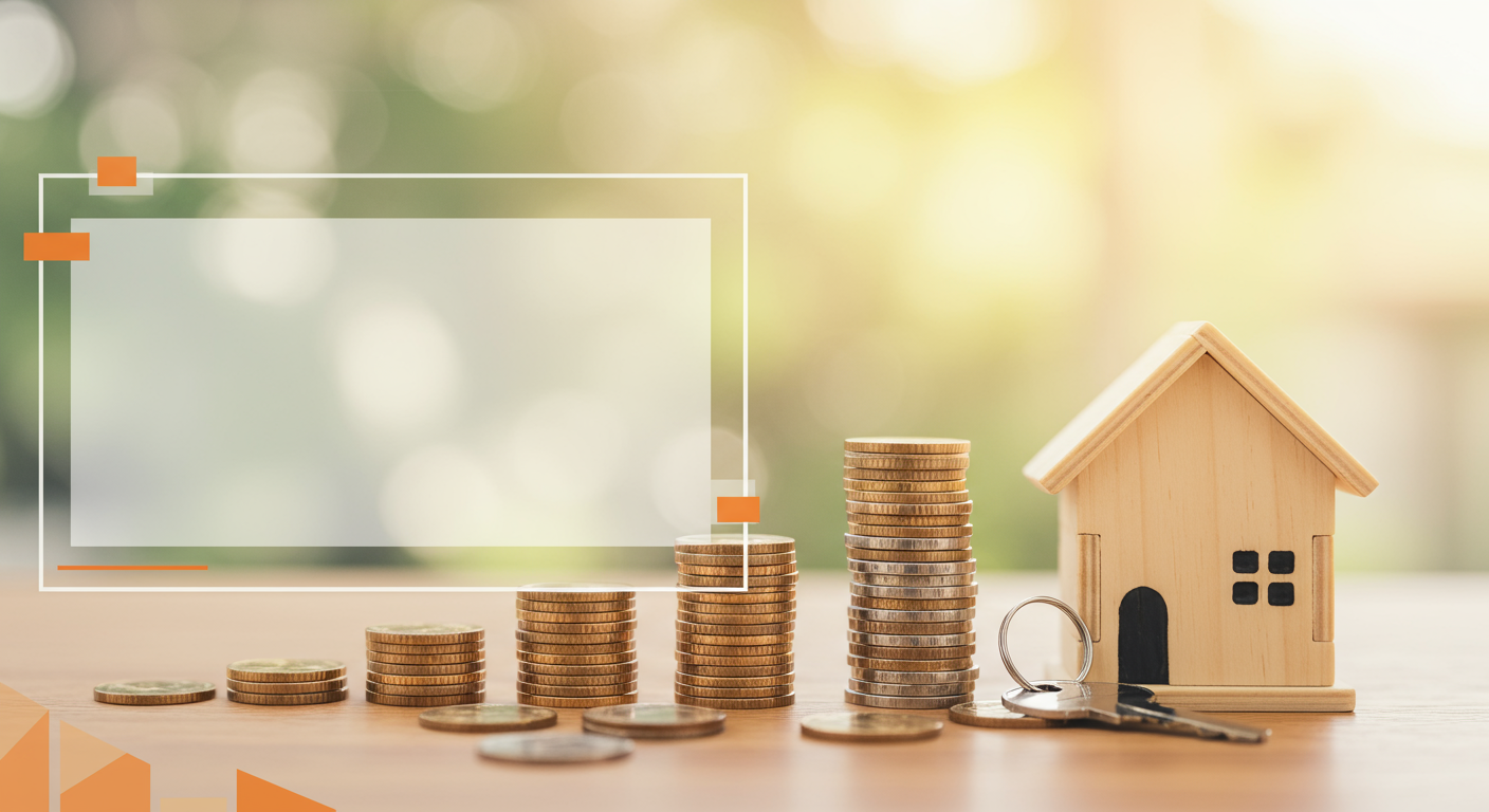 Wooden house model and key beside increasing stacks of coins.