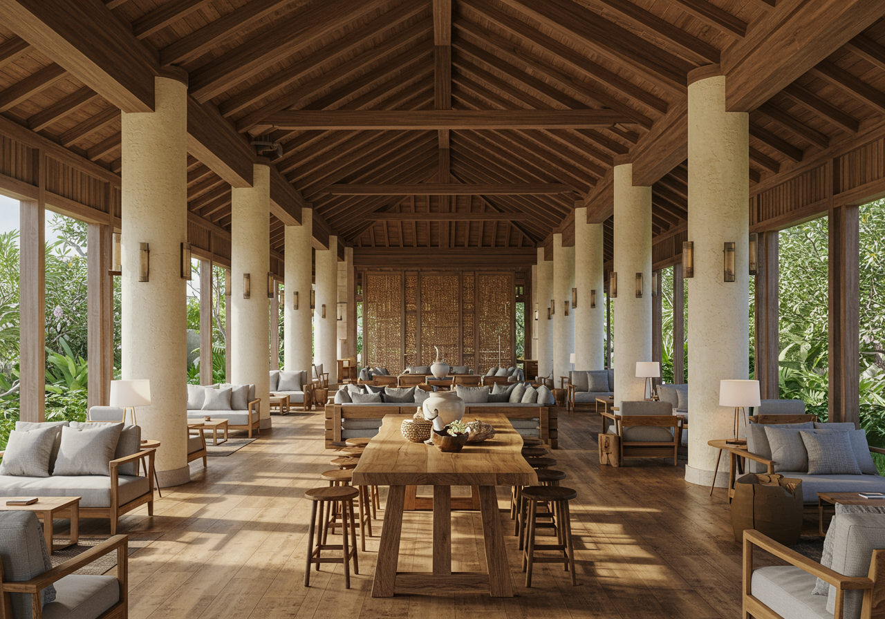 A large outdoor patio with columns and chairs.