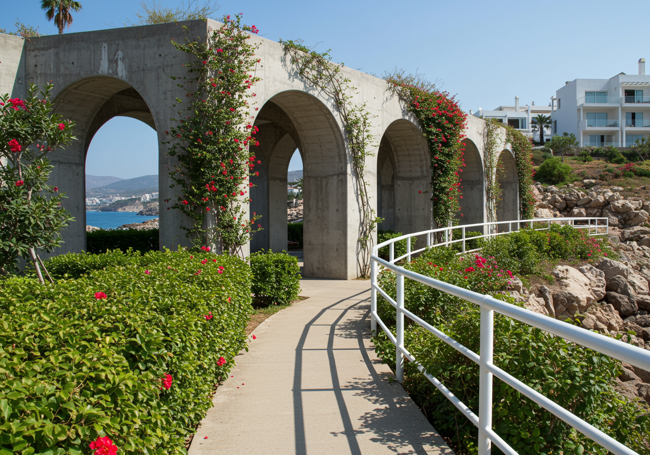 A paved walkway leads to a set of three stone arches covered in vining plants. The plants have bright green leaves and vibrant pink-red flowers. 