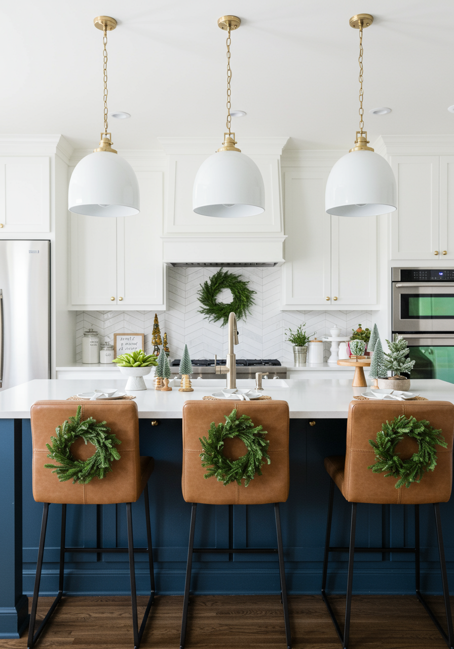 Mini Christmas wreaths on the back of barstools in kitchen.