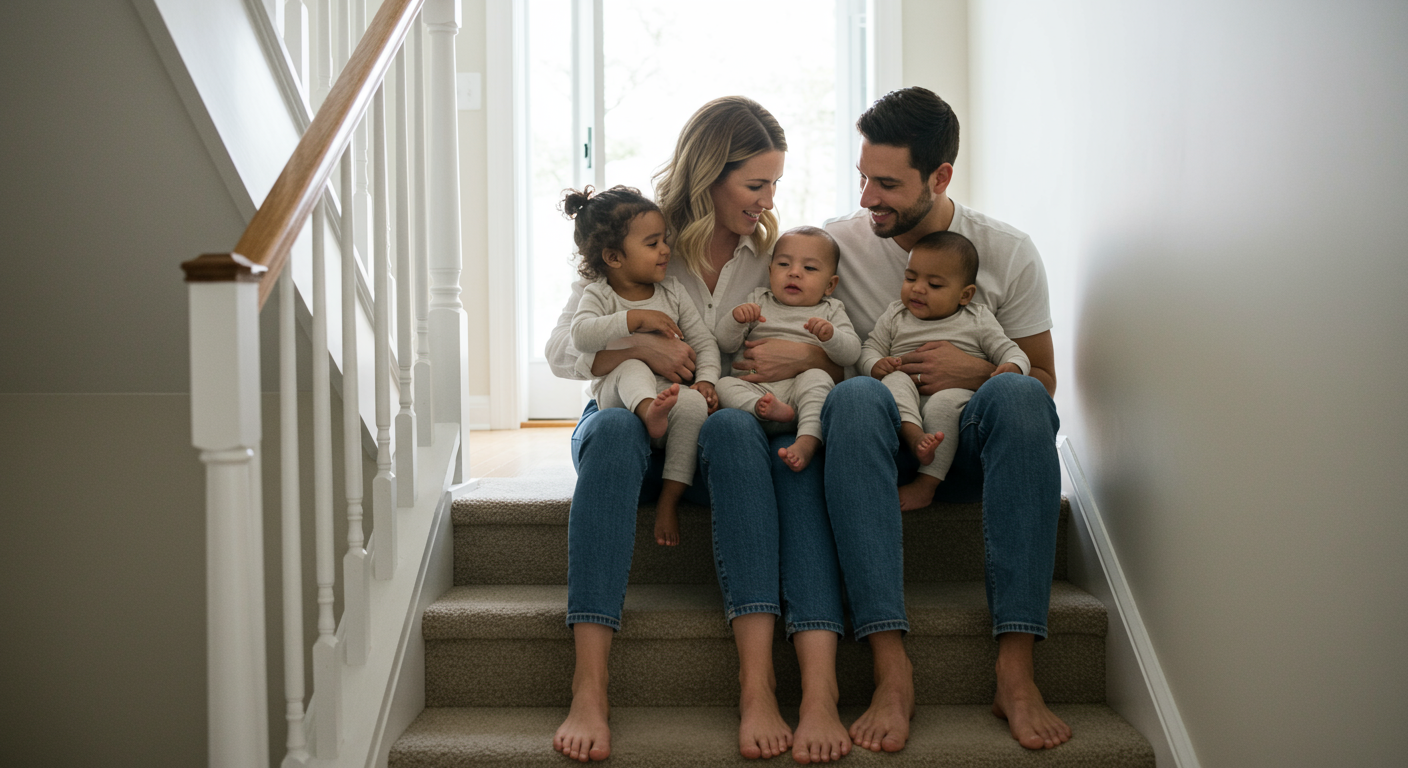 Parents sit with their three young children on a carpeted staircase in a bright home.