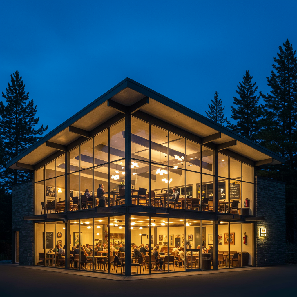 The exterior of Canlis restaurant at night with the dining room lit up