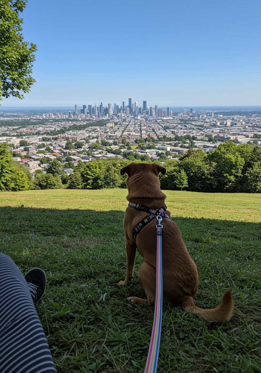 Dog at Bernal Heights Park overlooking panoramic views of San Francisco city.