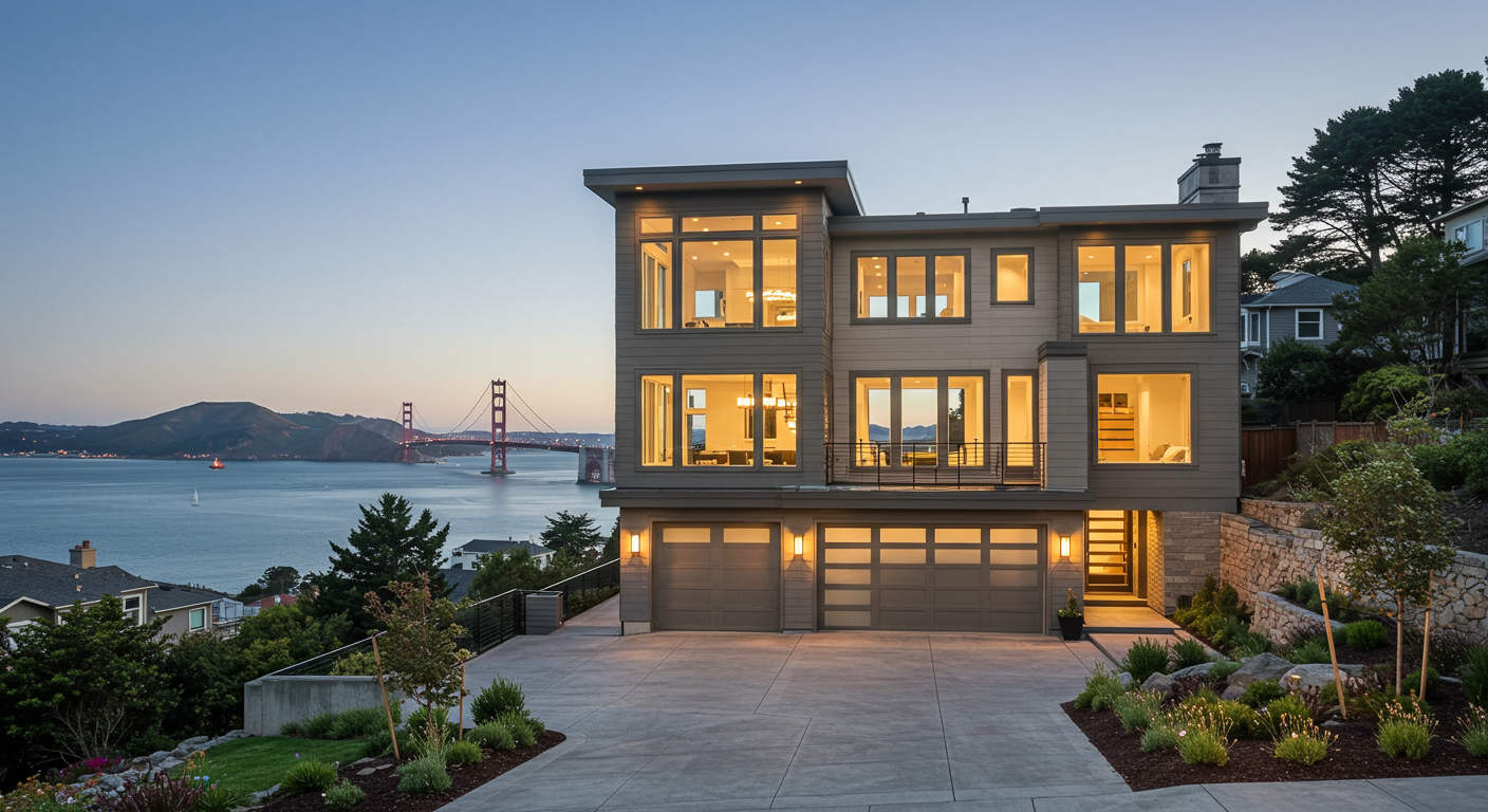 Modern waterfront home with illuminated windows, a broad driveway, and Golden Gate Bridge views at dusk.