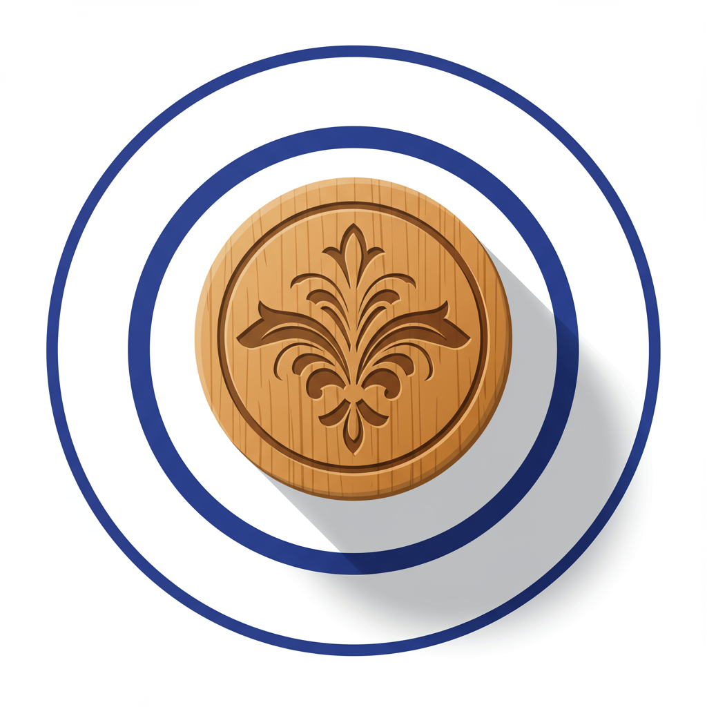 Engraved wooden disk with a fleur-de-lis design.