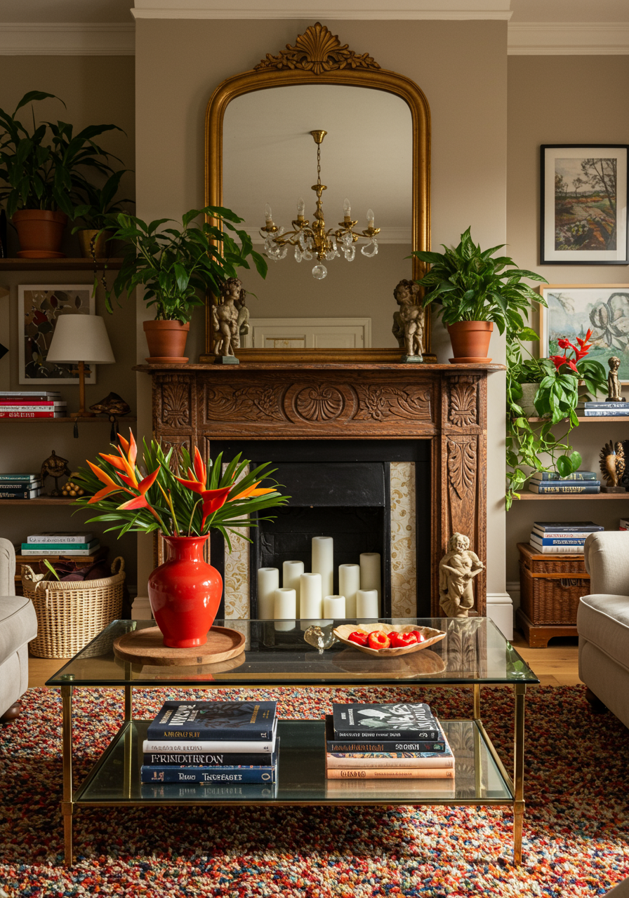 A fireplace surrounded by plants in the Brooklyn home of MoMA Collection specialist Kayla Dalle Molle.