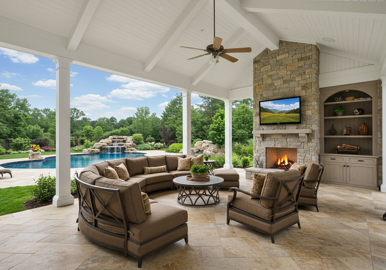 Covered patio with outdoor fireplace
