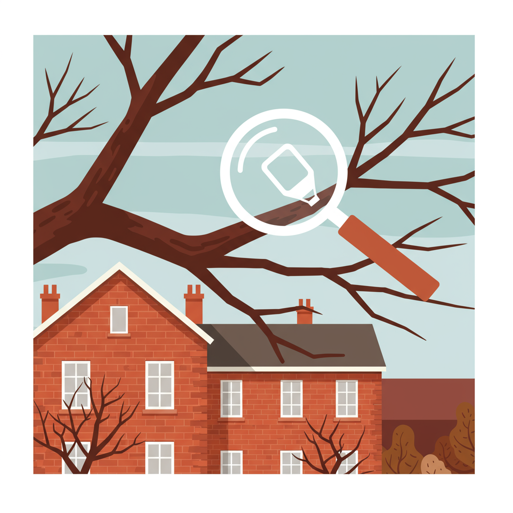 Brick house beneath a fallen tree branch, with a magnifying glass highlighting storm damage.