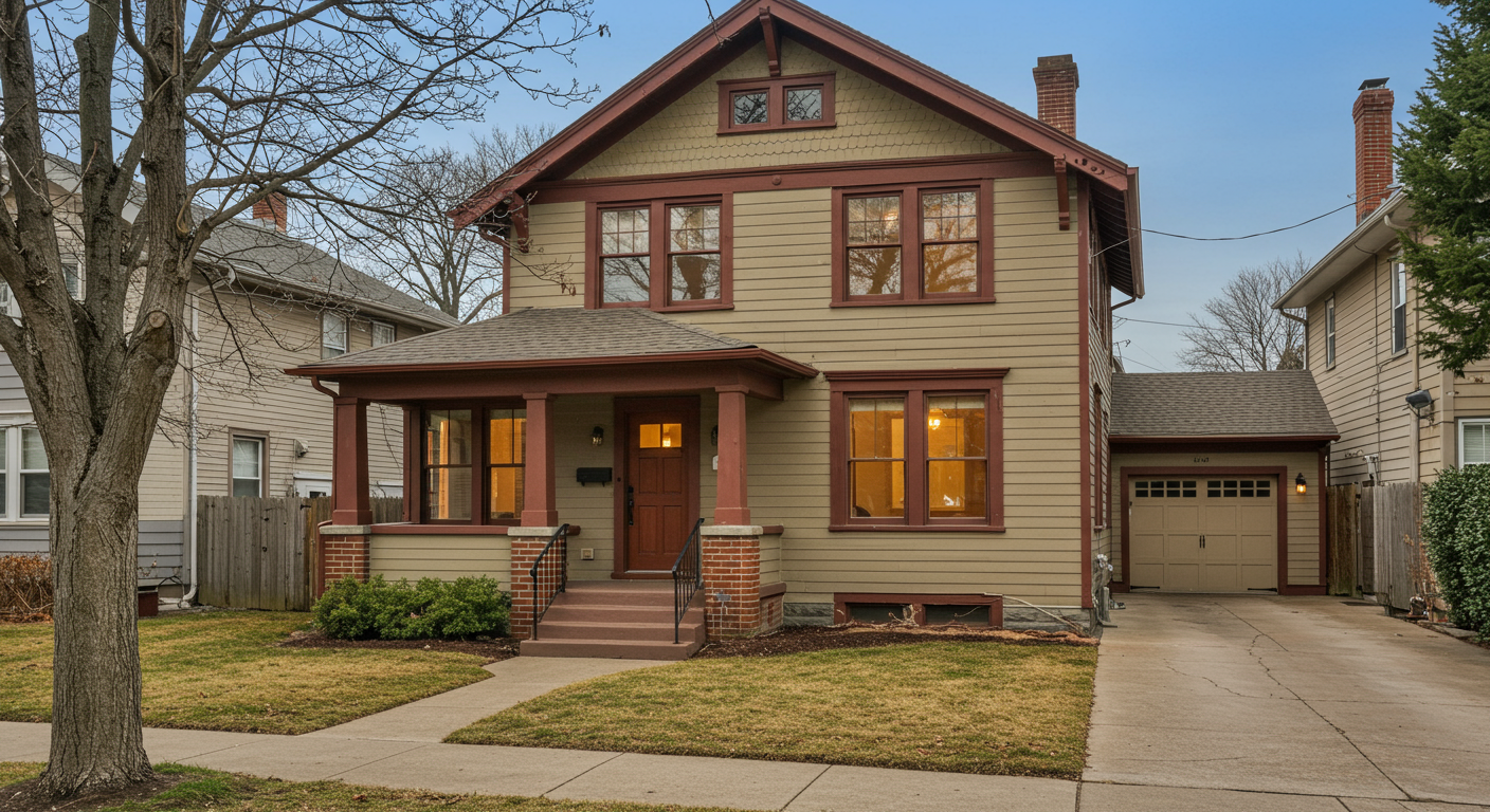 Two-story tan house with red-brown trim, covered porch, brick piers, and attached garage.