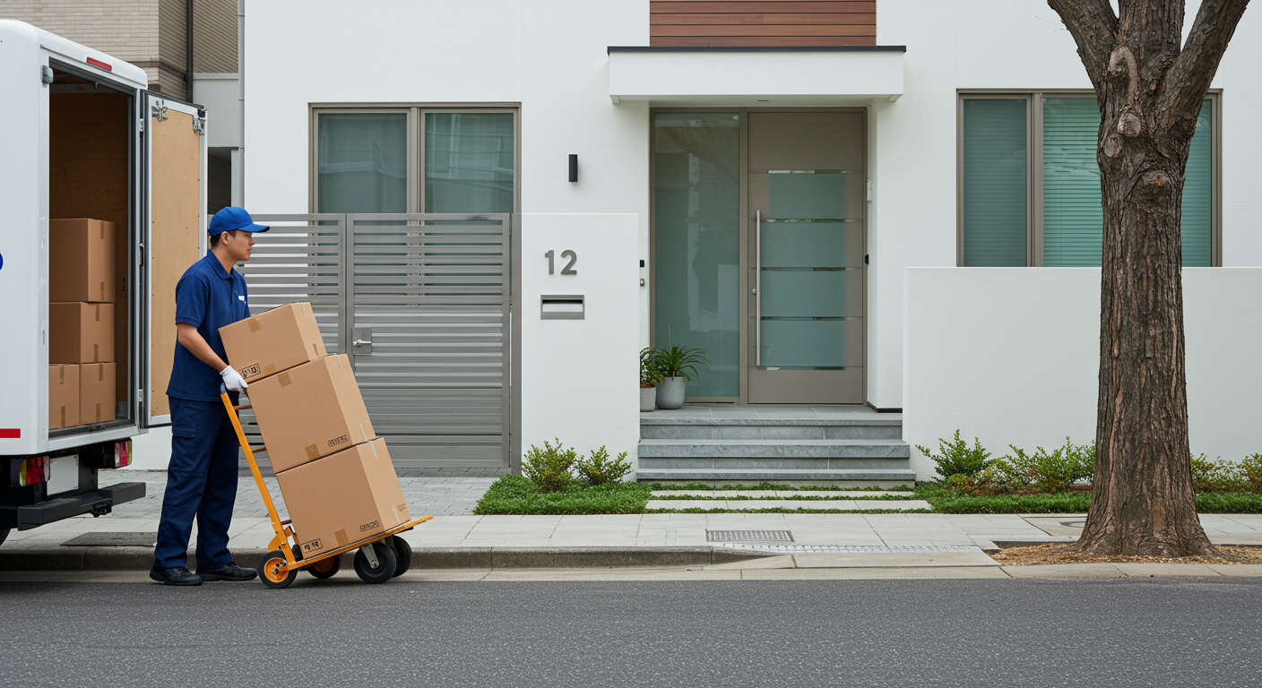 Modern home exterior as a mover wheels stacked boxes from a truck to the entrance.