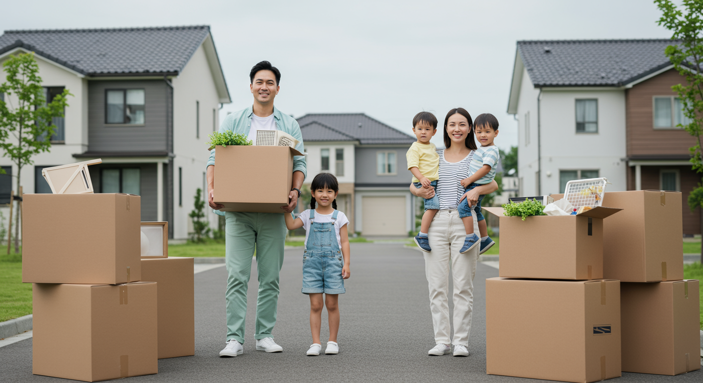 Full length body size view of four cheery people dad mom small little kids brother sister carrying cardboard boxes moving new residence cottage town.