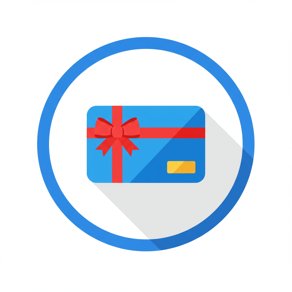Blue gift card wrapped with a red ribbon and bow, inside a blue circle.
