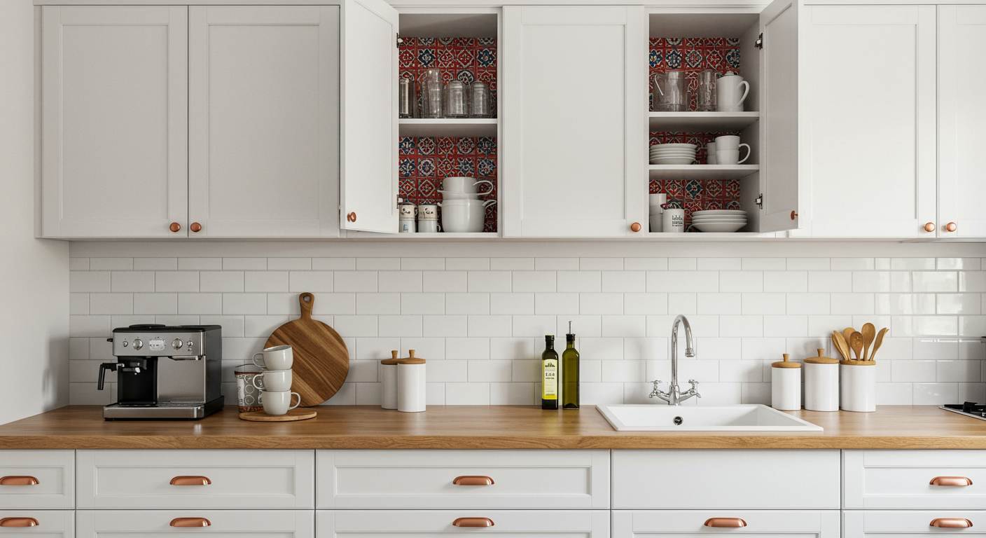 White kitchen unit with blue patterned wallpaper