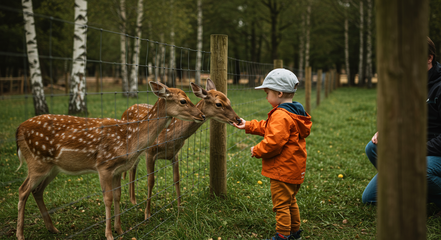 Child in an orange jacket feeds two spotted deer through a fence in a wooded enclosure.