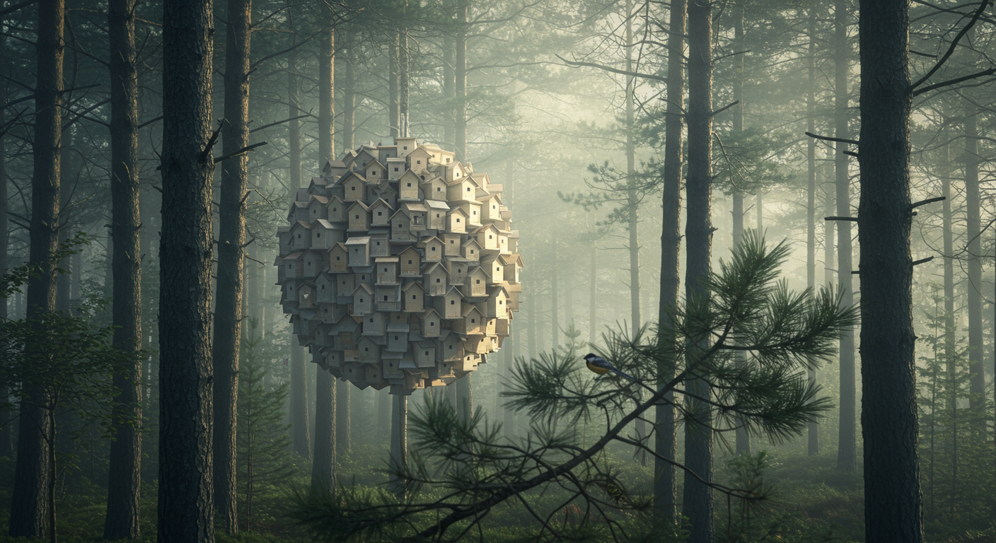 a spherical tree house with wooden bird nests on the exterior