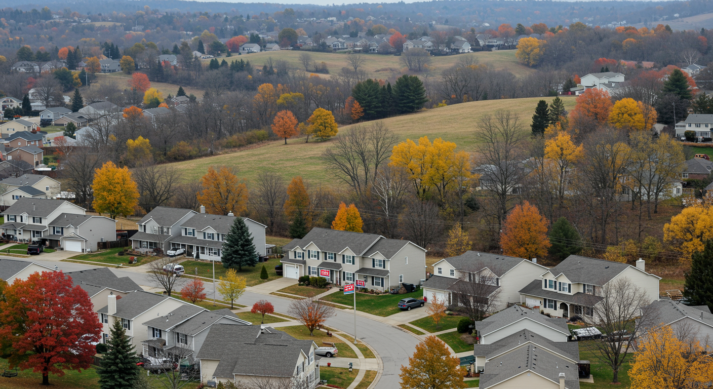 Aerial view of suburban homes beside an autumn-colored hillside.