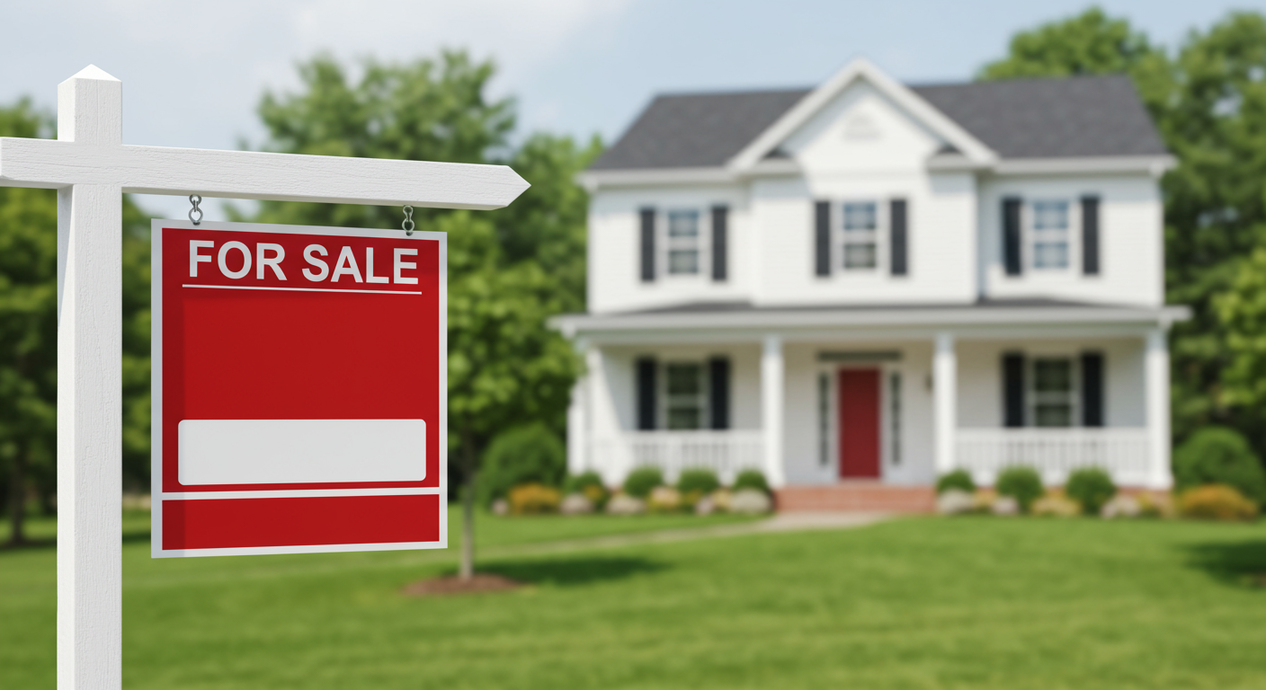 White two-story house with black shutters and a red door behind a red FOR SALE sign.