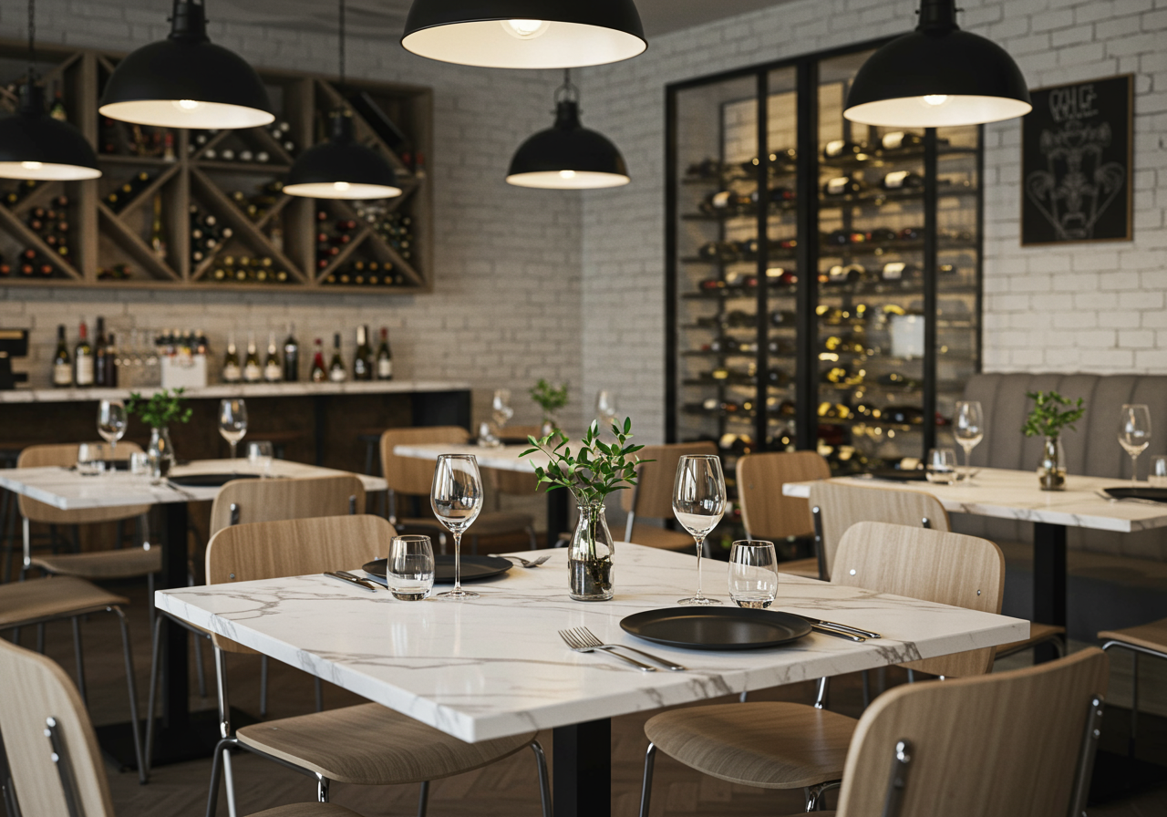 A white marble table under low lighting, backed by a wall of wine.