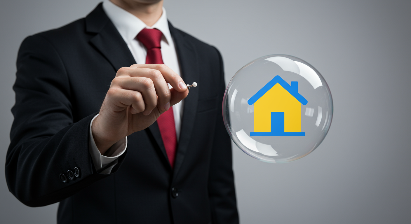 Person with pin about to burst a bubble with a house inside.