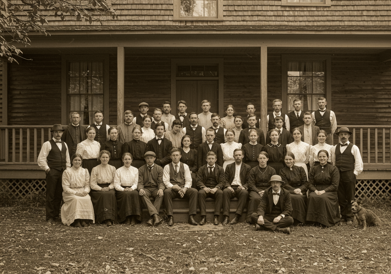 The Shearer family gathered on the cottage porch in 1931