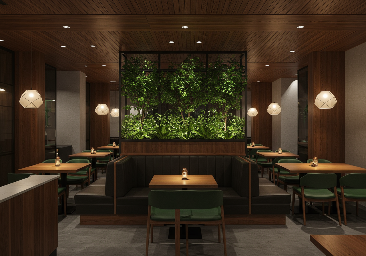 A rendering for a dark steakhouse with greens and low light and tables.